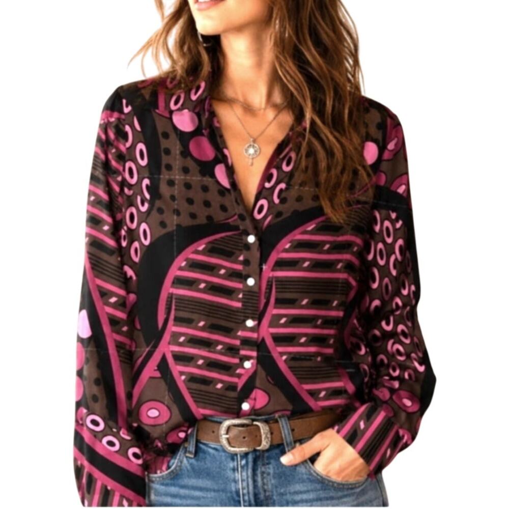 Vtg Silk Abstract Blouse 6 Geo Brown Pinks 70's 80's Artsy Boho Button Retro Top